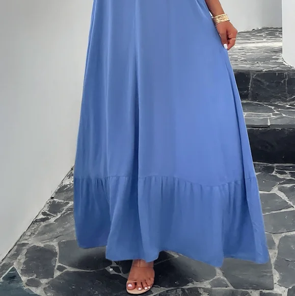 Oversized Pocket Casual Sleeveless V-Neck Low Back Long Summer Maxi Dress Blue - Picture 8 of 16